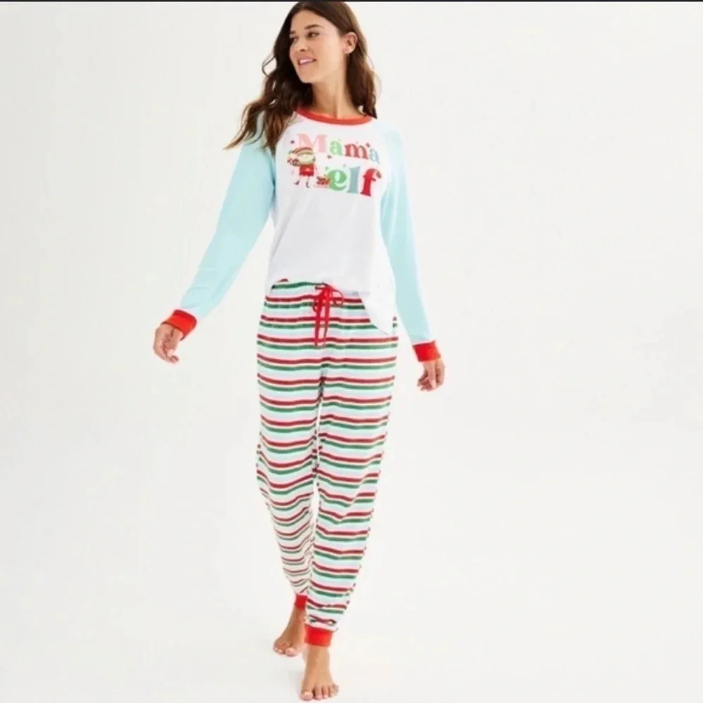 NWT Cuddl Duds Womens Multi Striped Sweater Knit Mama Elf Pajamas 2 Pc Sets Sz S